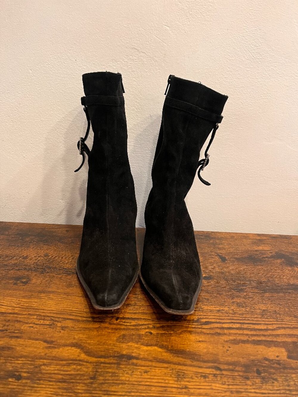 Vintage Black Suede Rhinestone Buckle Flare Heel Boots